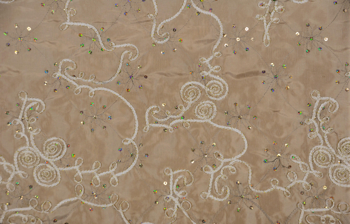 Sequins Ribbon Taffeta Polyester Fabric - Flower Swirl Embroidery With Sequins, 54" Width, Multiple Colors (1 Yard)