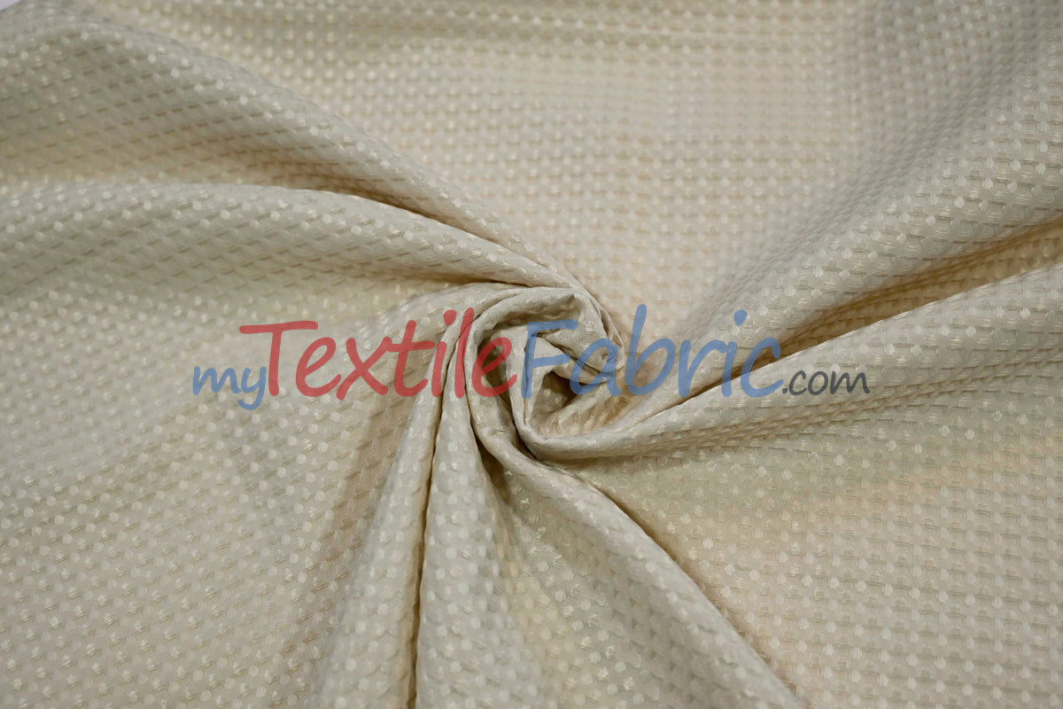 Waffle Brocade Polyester Fabric - Textured Waffle Grid, 60" Width, White, Ivory, Champagne, Black (1 Yard)