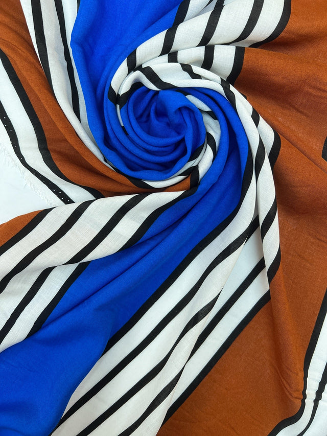 Viscose Woven Printed Brown Blue Stripe