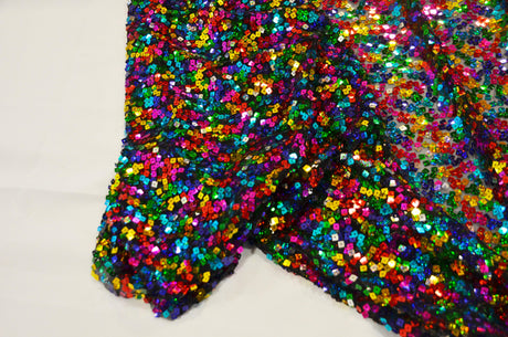 Rainbow Square Sequins Polyester Mesh Fabric - Multi Color Square Sequins, 52" Width (1 Yard)