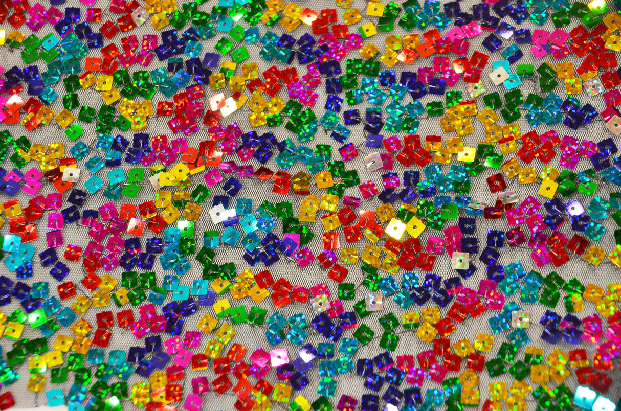 Rainbow Square Sequins Polyester Mesh Fabric - Multi Color Square Sequins, 52" Width (1 Yard)