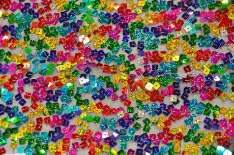 Rainbow Square Sequins Polyester Mesh Fabric - Multi Color Square Sequins, 52" Width (1 Yard)