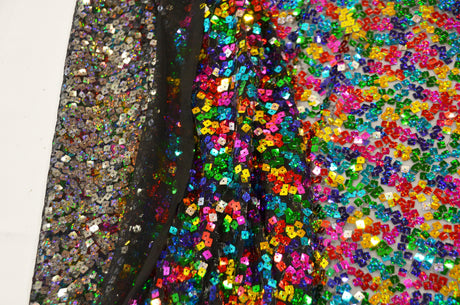 Rainbow Square Sequins Polyester Mesh Fabric - Multi Color Square Sequins, 52" Width (1 Yard)