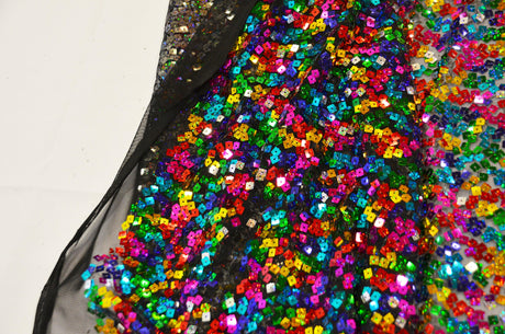 Rainbow Square Sequins Polyester Mesh Fabric - Multi Color Square Sequins, 52" Width (1 Yard)