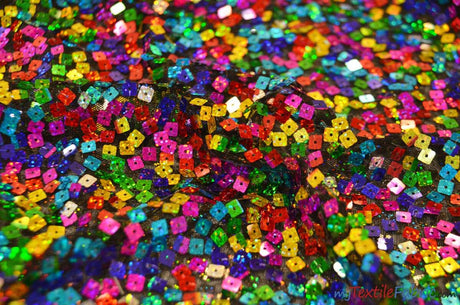 Rainbow Square Sequins Polyester Mesh Fabric - Multi Color Square Sequins, 52" Width (1 Yard)