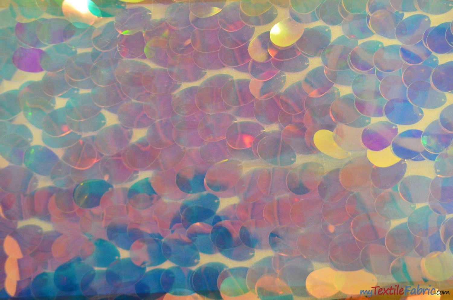 Oval Hologram Sequins Polyester Fabric - Iridescent Rainbow Oval Sequins, 52" Width (Yards)