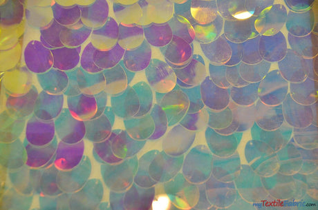 Oval Hologram Sequins Polyester Fabric - Iridescent Rainbow Oval Sequins, 52" Width (Yards)