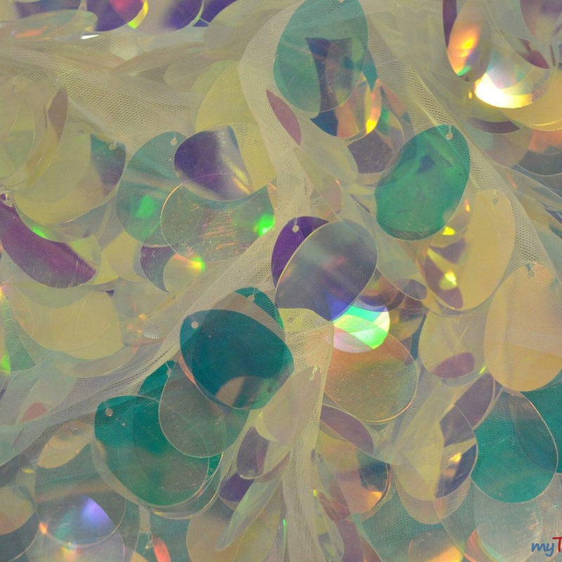 Oval Hologram Sequins Polyester Fabric - Iridescent Rainbow Oval Sequins, 52" Width (Yards)