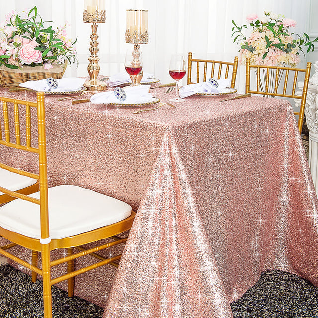 Rectangular Sequin Taffeta Tablecloth 90x132 Blush Pink/Rose Gold