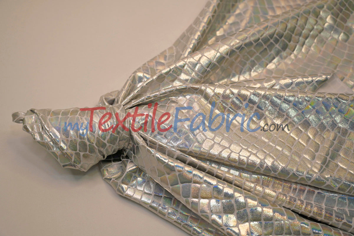 Anaconda Hologram Spandex Nylon Fabric - White Silver, White Charcoal, Holographic Foil Finish, 58/60" Width (1 Yard)
