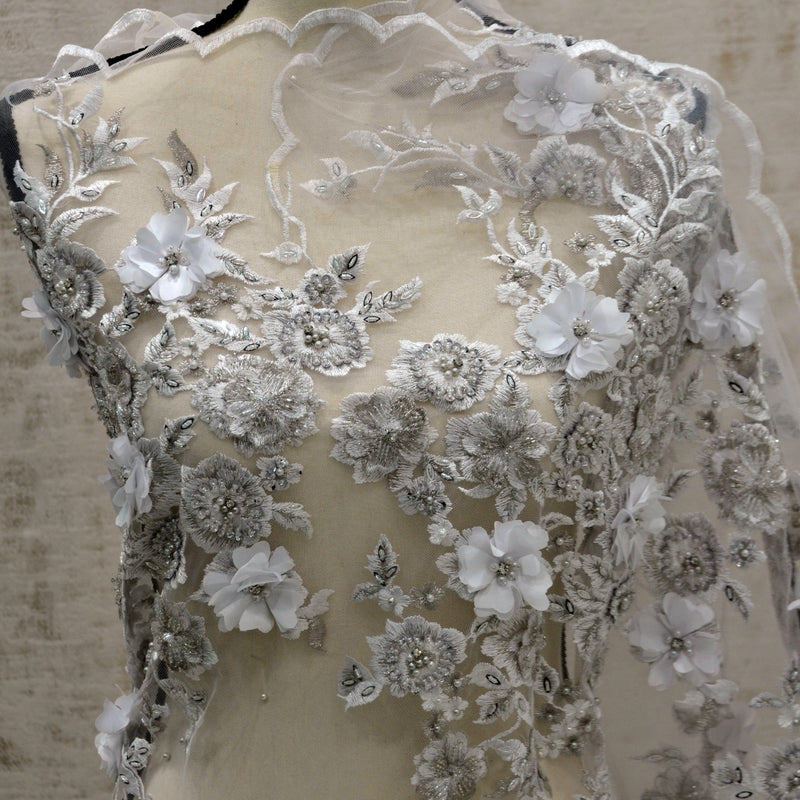 EA3032 White Silver Embroidery Lace Fabric - White Floral Bridal Lace, 50" Wide (1 Yard)