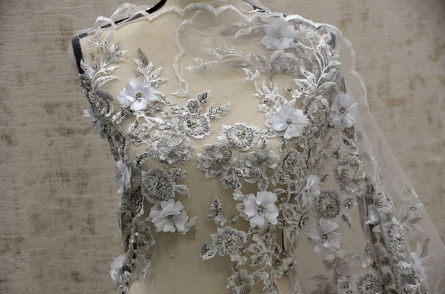 EA3032 White Silver Embroidery Lace Fabric - White Floral Bridal Lace, 50" Wide (1 Yard)