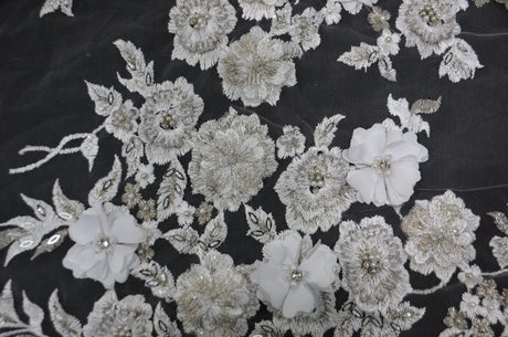 EA3032 White Silver Embroidery Lace Fabric - White Floral Bridal Lace, 50" Wide (1 Yard)