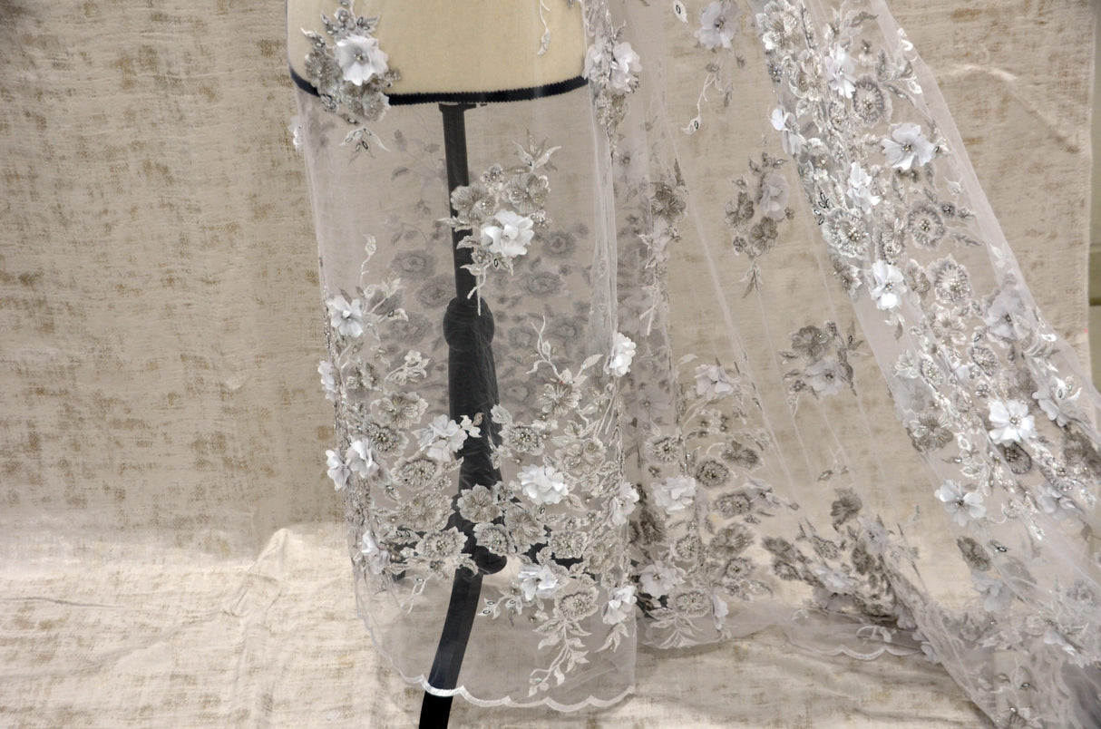 EA3032 White Silver Embroidery Lace Fabric - White Floral Bridal Lace, 50" Wide (1 Yard)