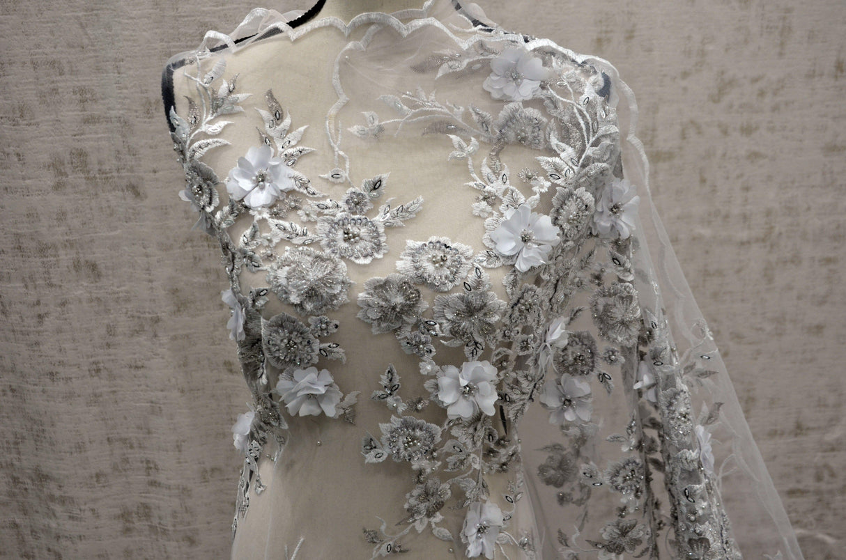 EA3032 White Silver Embroidery Lace Fabric - White Floral Bridal Lace, 50" Wide (1 Yard)