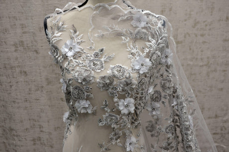 EA3032 White Silver Embroidery Lace Fabric - White Floral Bridal Lace, 50" Wide (1 Yard)