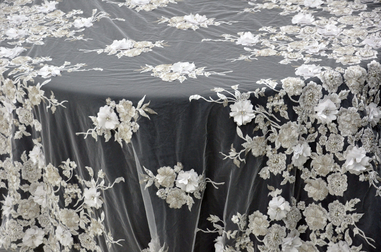 EA3032 White Silver Embroidery Lace Fabric - White Floral Bridal Lace, 50" Wide (1 Yard)