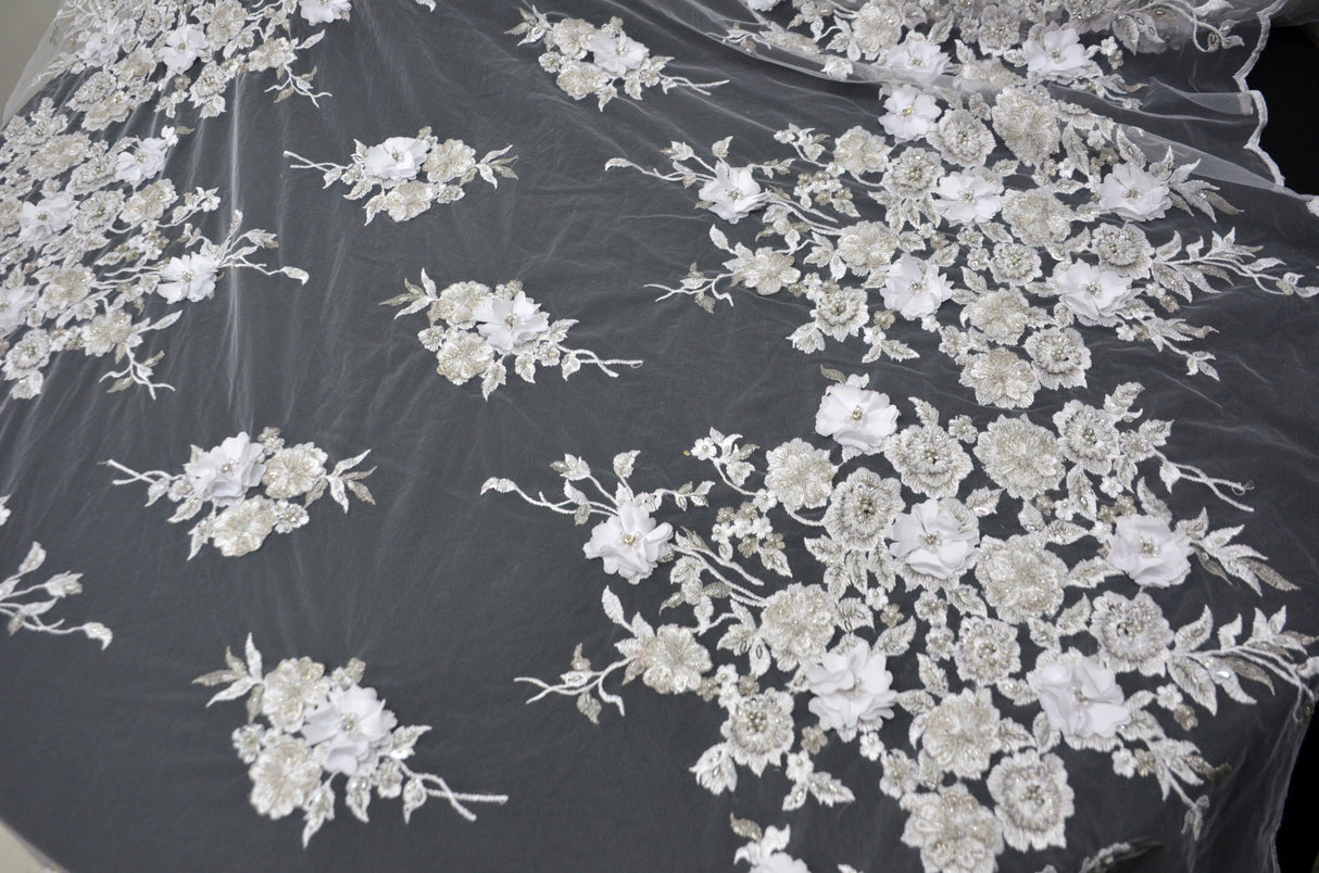 EA3032 White Silver Embroidery Lace Fabric - White Floral Bridal Lace, 50" Wide (1 Yard)