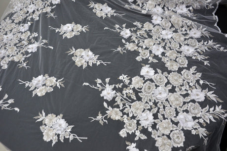 EA3032 White Silver Embroidery Lace Fabric - White Floral Bridal Lace, 50" Wide (1 Yard)