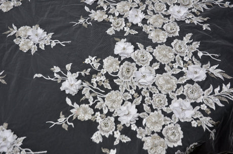EA3032 White Silver Embroidery Lace Fabric - White Floral Bridal Lace, 50" Wide (1 Yard)