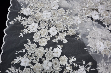 EA3032 White Silver Embroidery Lace Fabric - White Floral Bridal Lace, 50" Wide (1 Yard)