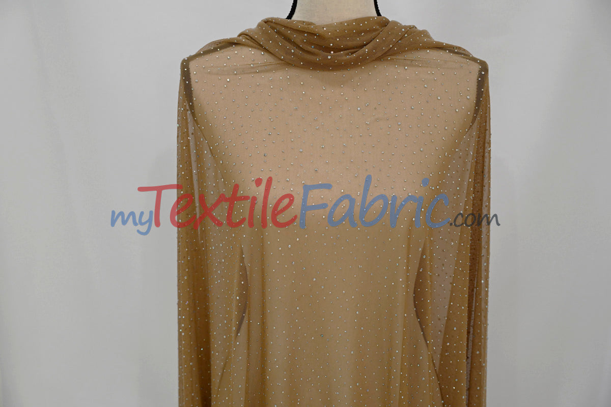 Rhinestone Stretch Power Mesh Fabric - Iridescent AB Crystal Embellished, 58" Width (1 Yard)