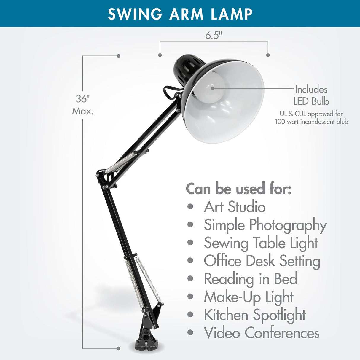 Studio Design Swing Arm Lamp with LED Bulb Black