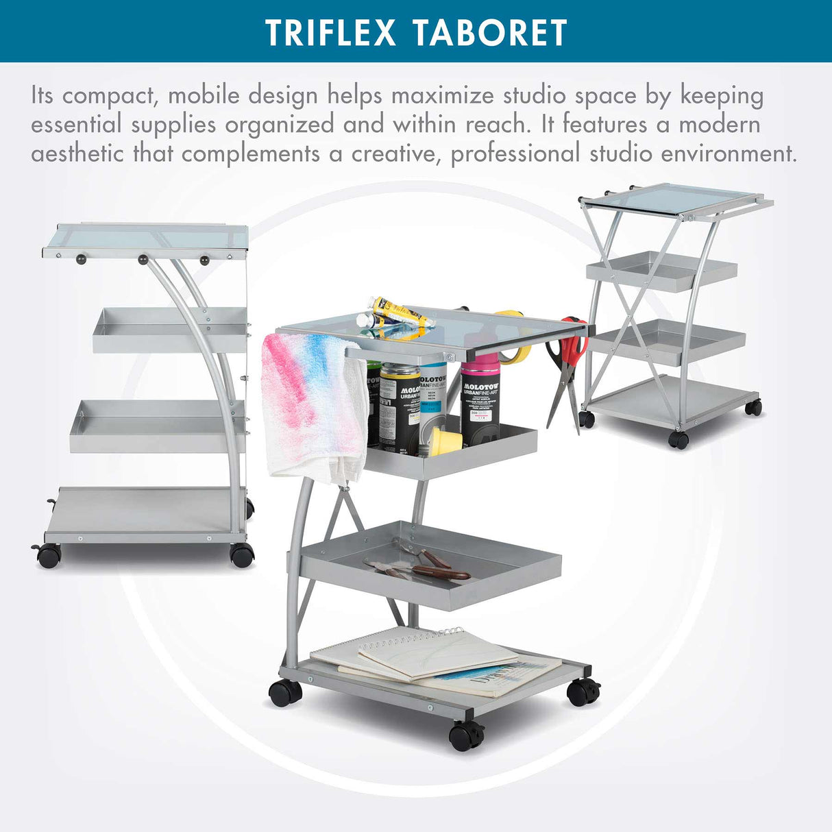 Studio Design Triflex Taboret Storage Cart Silver Blue