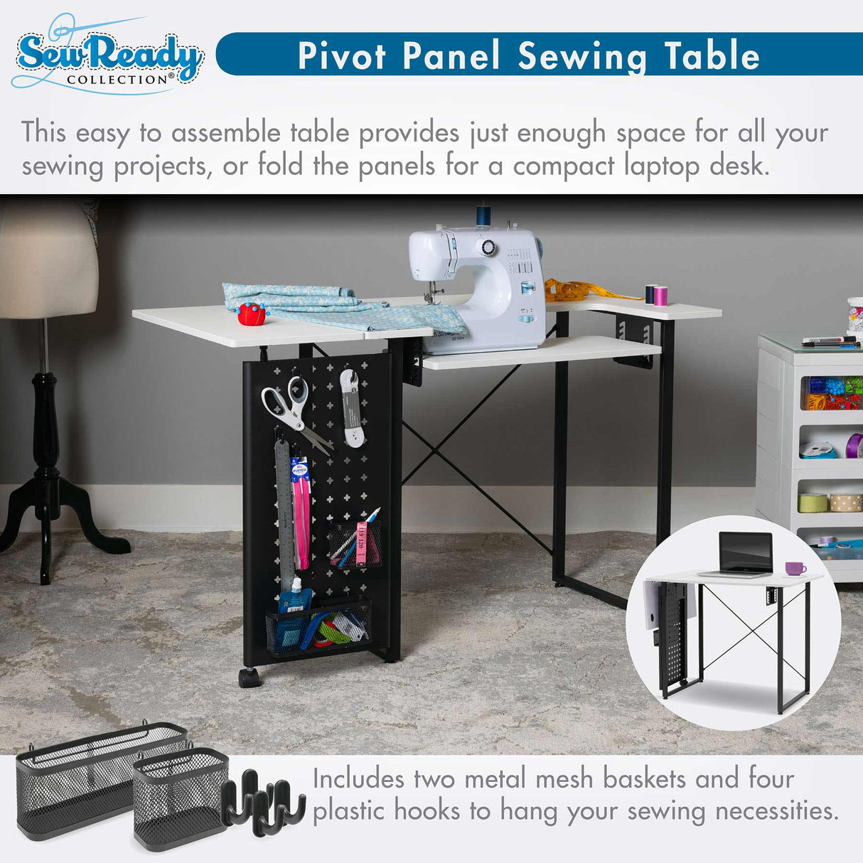 Studio Design Pivot Panel Sewing Table White / Graphite