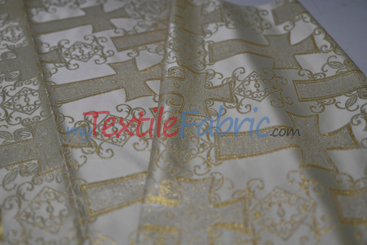 Religious Cross Brocade 100 Percent Polyester Fabric - Elegant Cross Motif, 60" Width (1 Yard)