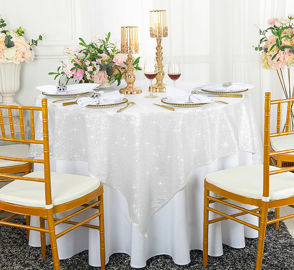 Sequin Taffeta Square Table Overlay 72x72 White