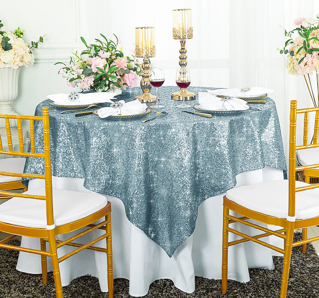 Square Sequin Table Overlay 72x72 Dusty Blue