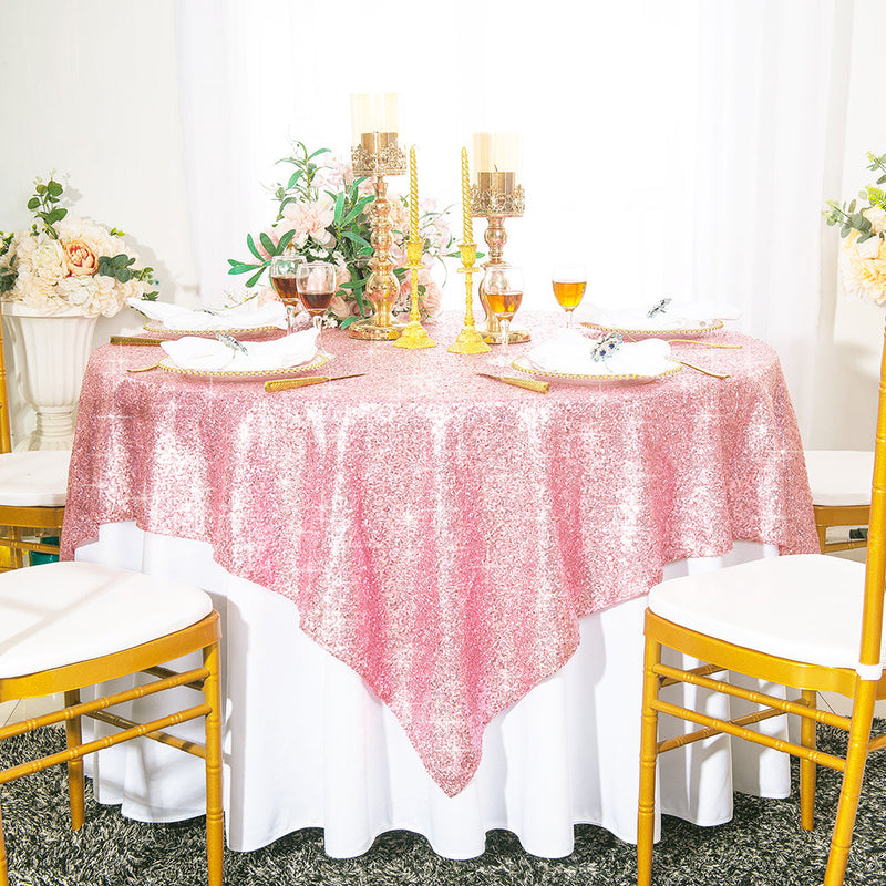 Sequin Taffeta Square Table Overlay 72x72 Pink