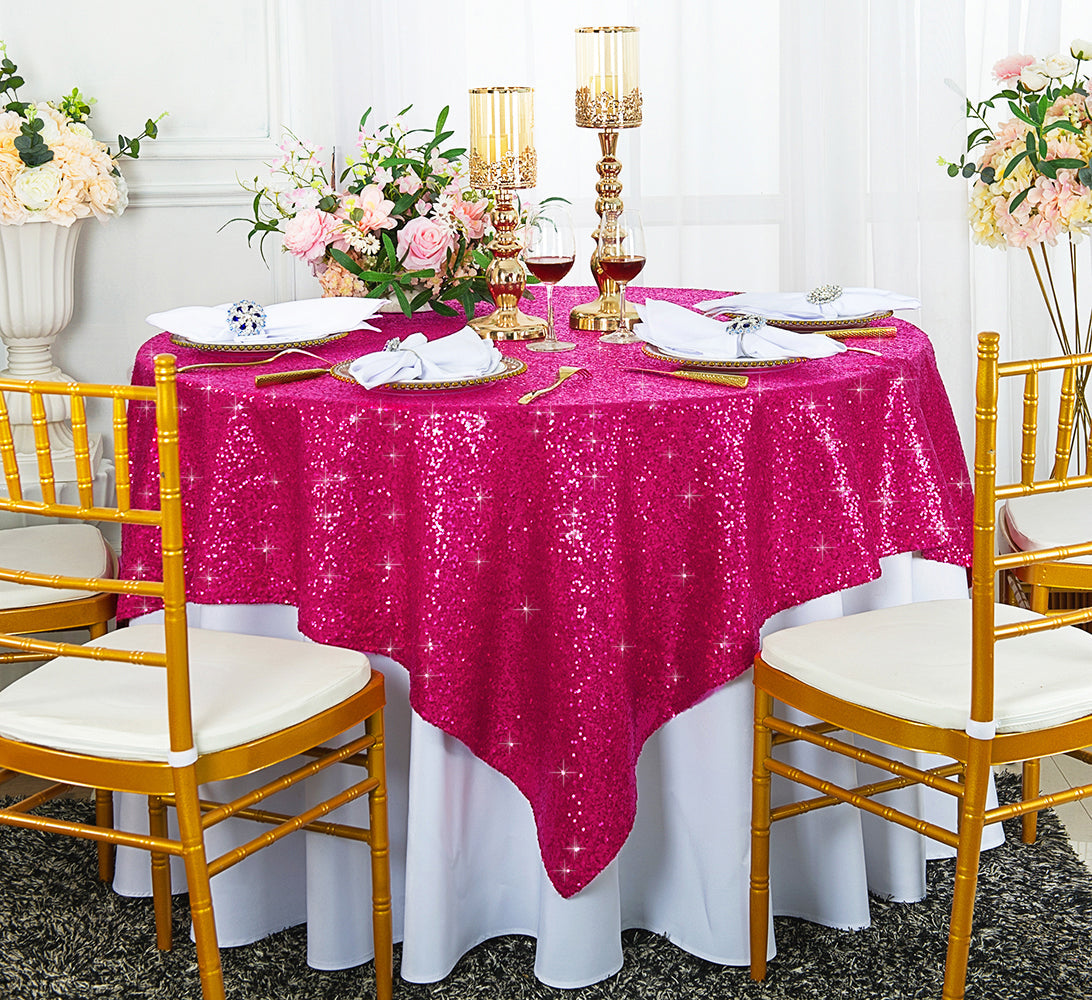 Square Sequin Taffeta Table Overlay 72x72 Fuchsia