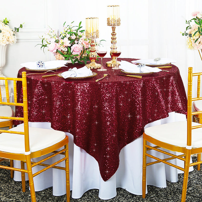 Square Sequin Taffeta Table Overlay 72x72 Burgundy
