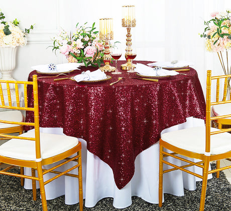 Square Sequin Taffeta Table Overlay 72x72 Burgundy