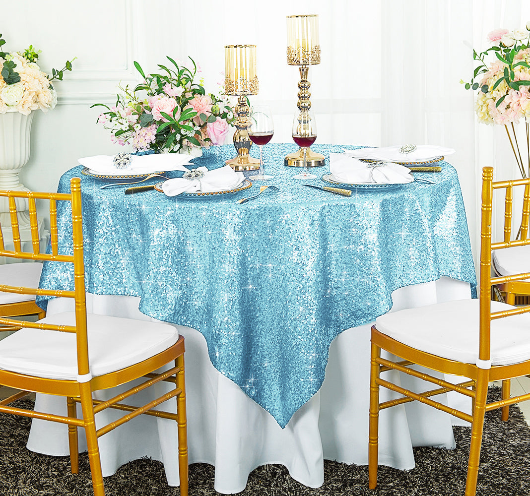 Square Sequin Taffeta Table Overlay 72x72 Baby Blue