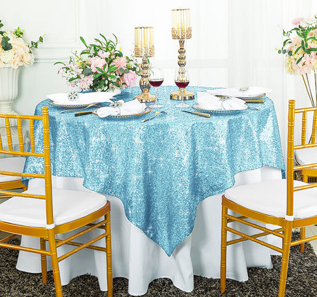 Square Sequin Taffeta Table Overlay 72x72 Baby Blue