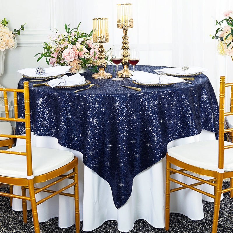 Square Sequin Table Overlay 72x72 Navy Blue