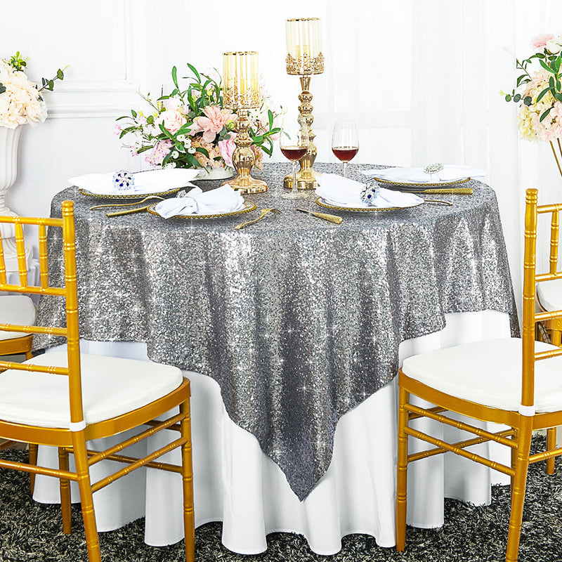 Square Sequin Table Overlay 72x72 Silver
