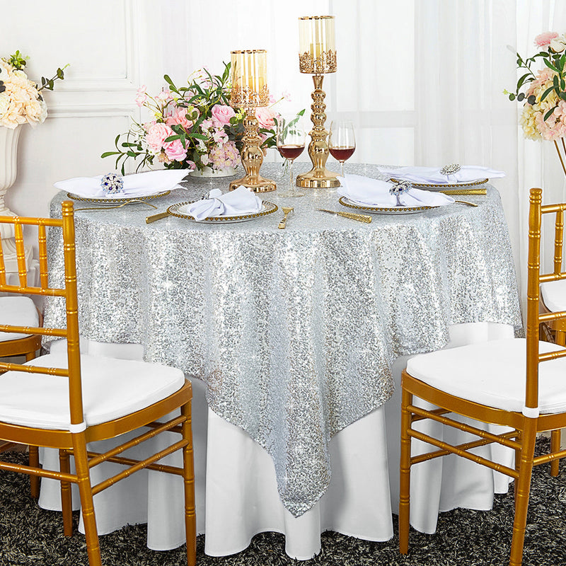 Square Sequin Table Overlay 72x72 Platinum