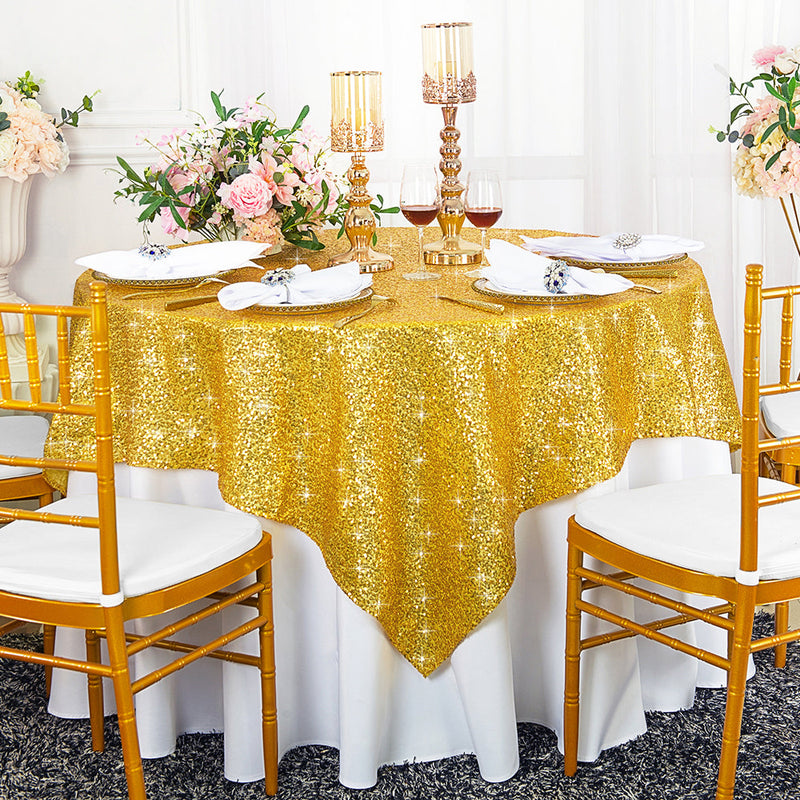 Square Sequin Taffeta Table Overlay 72x72 Light Gold
