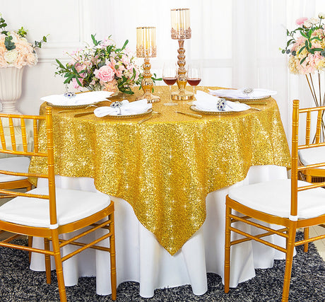 Square Sequin Taffeta Table Overlay 72x72 Light Gold