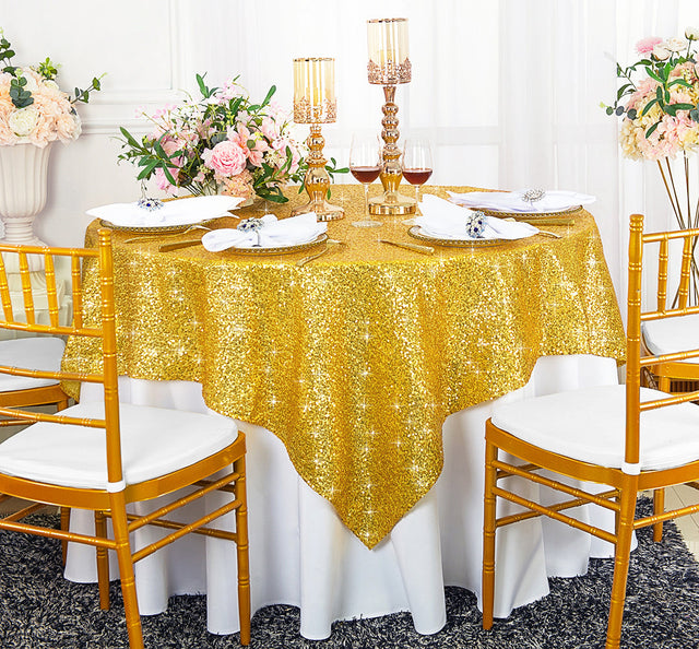 Square Sequin Taffeta Table Overlay 72x72 Light Gold
