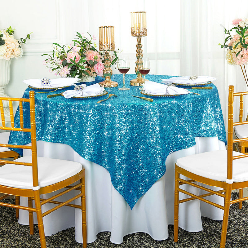 Square Sequin Taffeta Table Overlay 72x72 Turquoise
