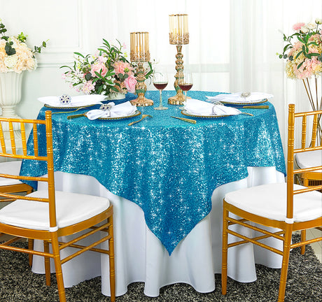 Square Sequin Taffeta Table Overlay 72x72 Turquoise