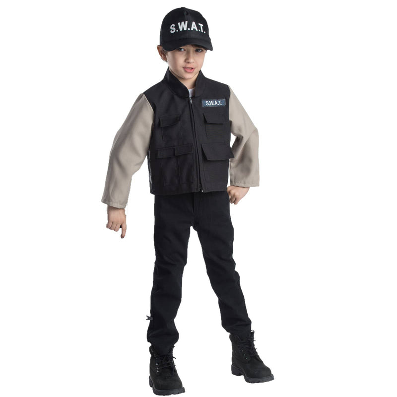 Kids SWAT team costume with black jacket and cap for role play