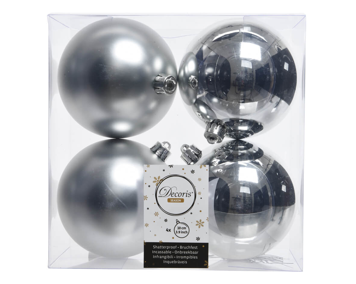 3.9” Shiny/Matte Silver Shatterproof Ornaments - Set of 4