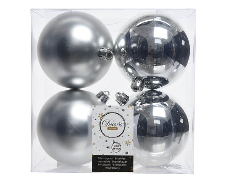 3.9” Shiny/Matte Silver Shatterproof Ornaments - Set of 4