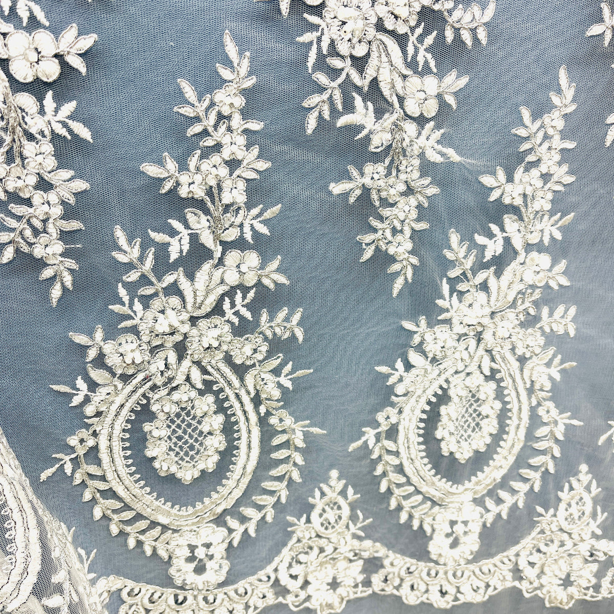 1 Yard 48" Wide Beaded & Corded Lace Fabric Embroidered on 100% Polyester Net Mesh